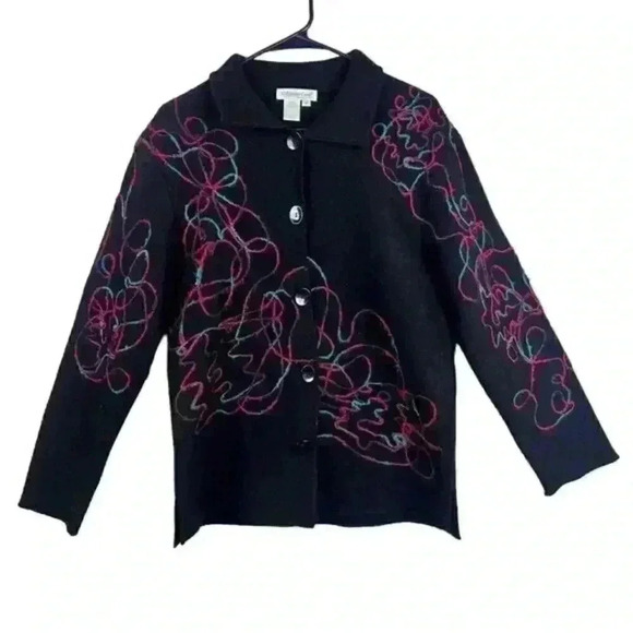 Coldwater Creek Womans Medium Black Swirl 100% Wool Button Cardigan Sweater‎ - Picture 1 of 11